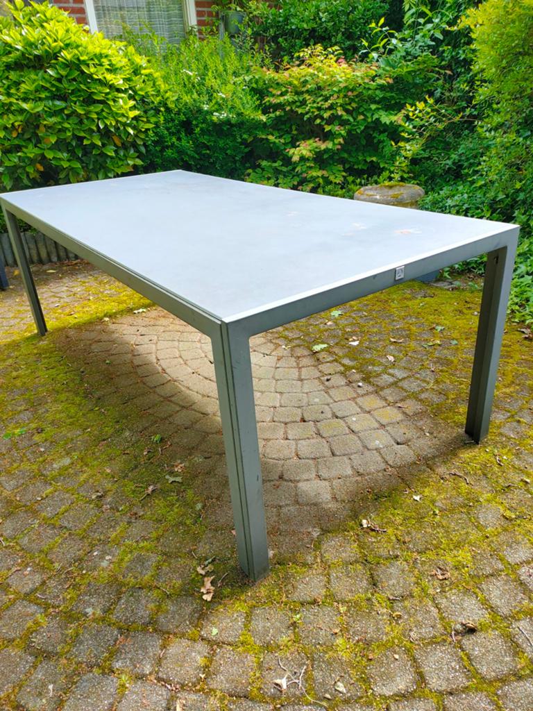 Grote aluminium tuintafel met glazen blad (2.15m), Ophalen of Verzenden, Gebruikt, Rechthoekig, Aluminium