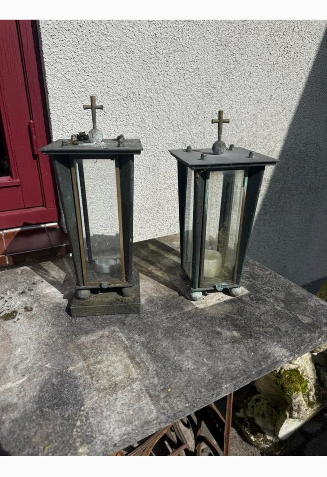 Set van 2 vintage windlichten met kruisdecoratie, Antiek en Kunst, Antiek | Religie, Ophalen of Verzenden