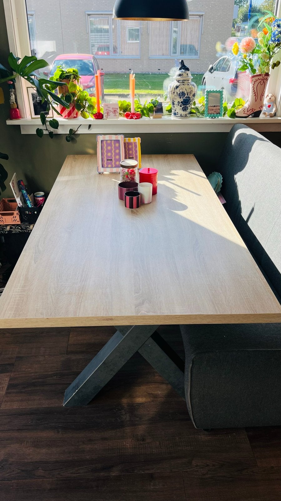 Eettafel met kruispoten - 90x180 cm, Ophalen, Gebruikt, 50 tot 100 cm, Vijf personen of meer