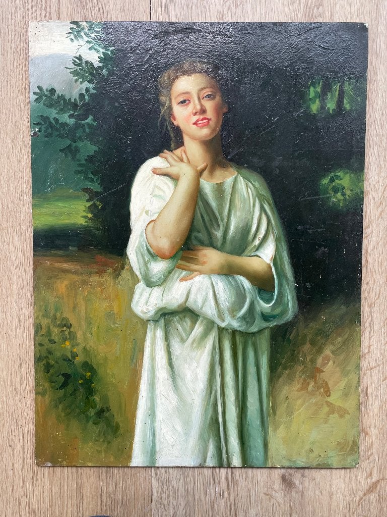 Fraaie reproductie naar “Souvenir” van W.A. Bouguereau, Paneel, Portret of Personen, Ophalen of Verzenden, Handgeschilderd