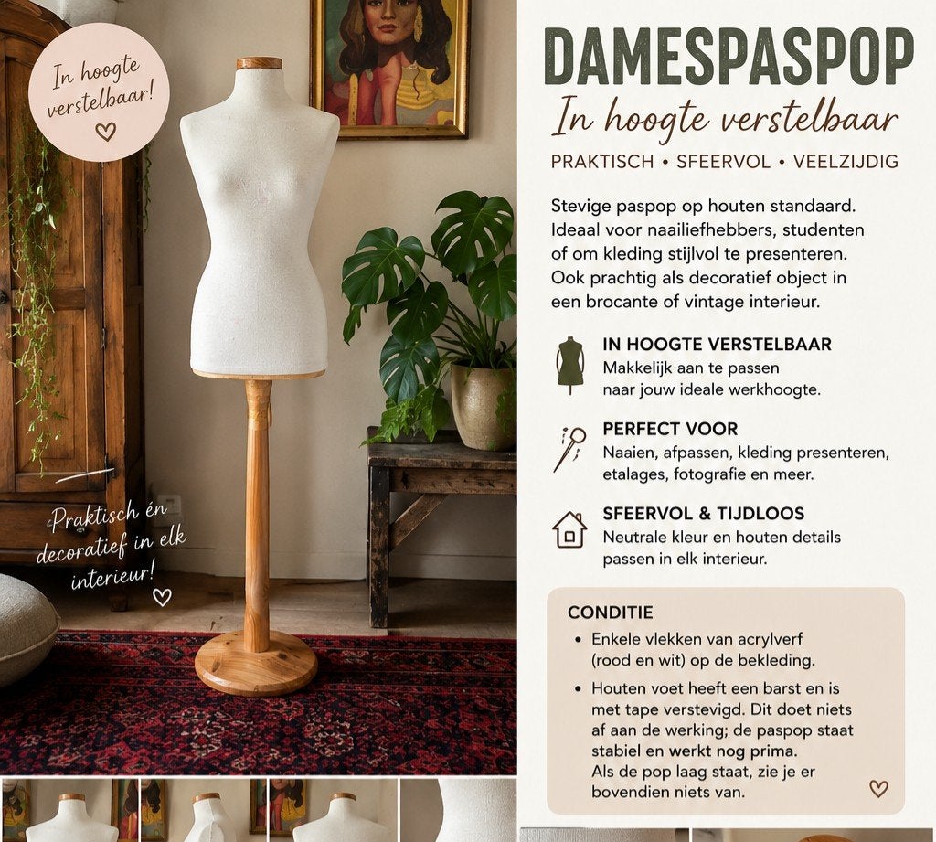Paspop buste op houten voet. Verstelbaar., Ophalen, Gebruikt, Paspop