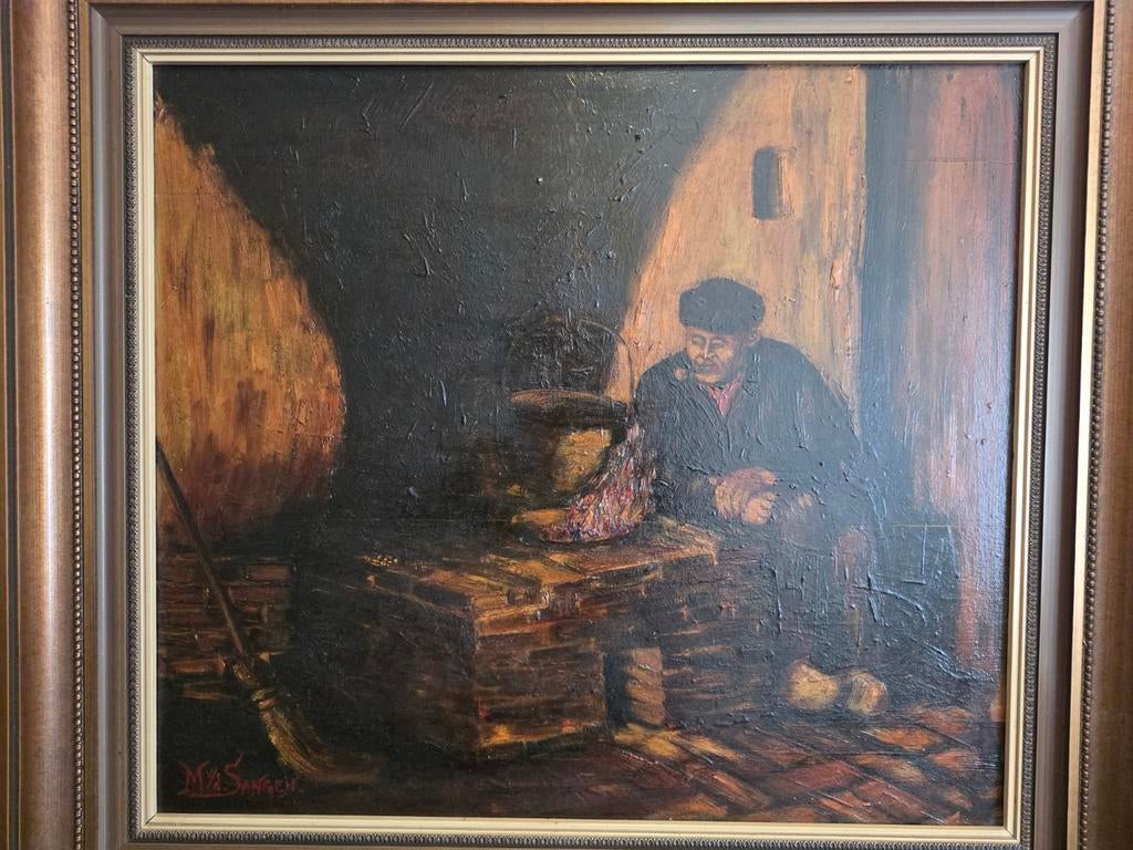 Olieverfschilderij 'Man bij de haard' gesigneerd M Sangen, Ophalen