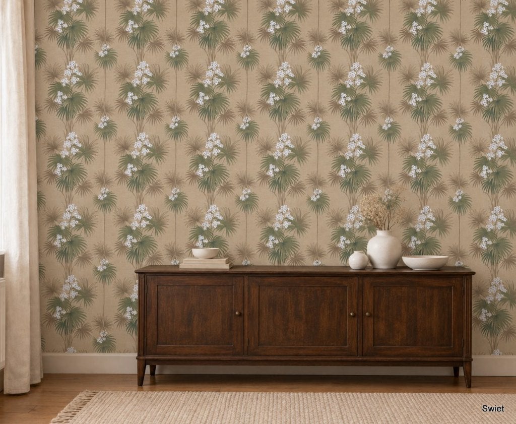 5646 Echt jute behang met bamboe en witte bloemenprint swiet, Ophalen of Verzenden, Bruin