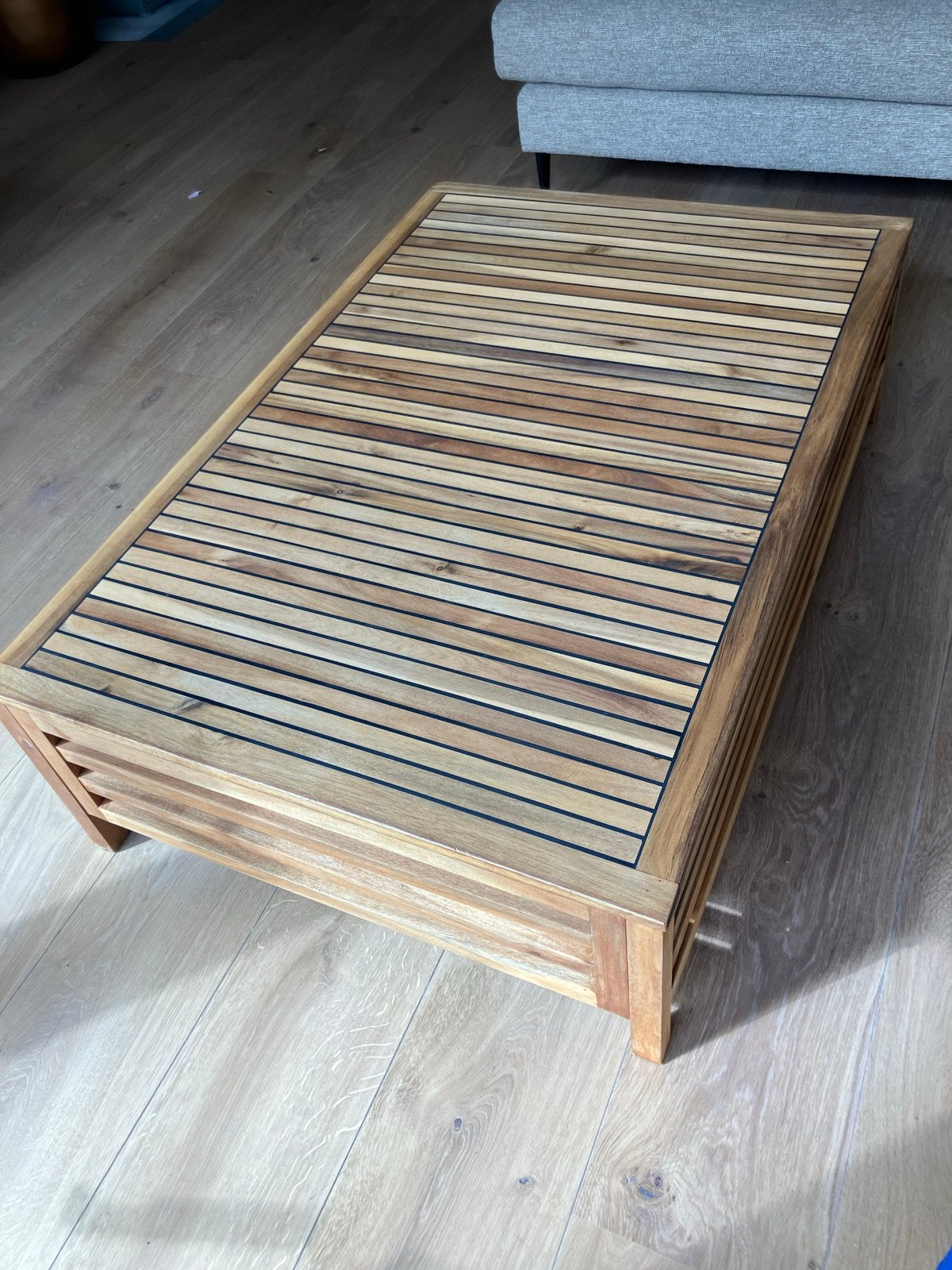 Unieke Acacia salontafel in bootdekstijl 120x80x35, Ophalen, 100 tot 150 cm, 50 tot 100 cm, Zo goed als nieuw