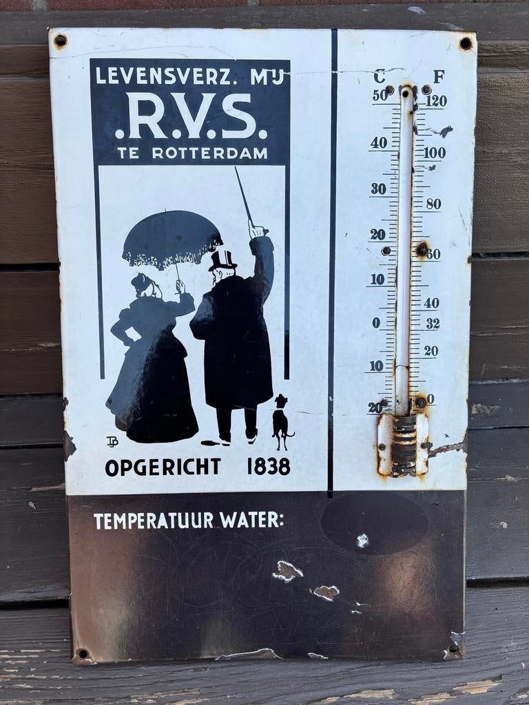 Emaille Reclamebord thermometer RVS Levensverzekering, Verzamelen, Merken en Reclamevoorwerpen, Ophalen, Gebruikt, Reclamebord