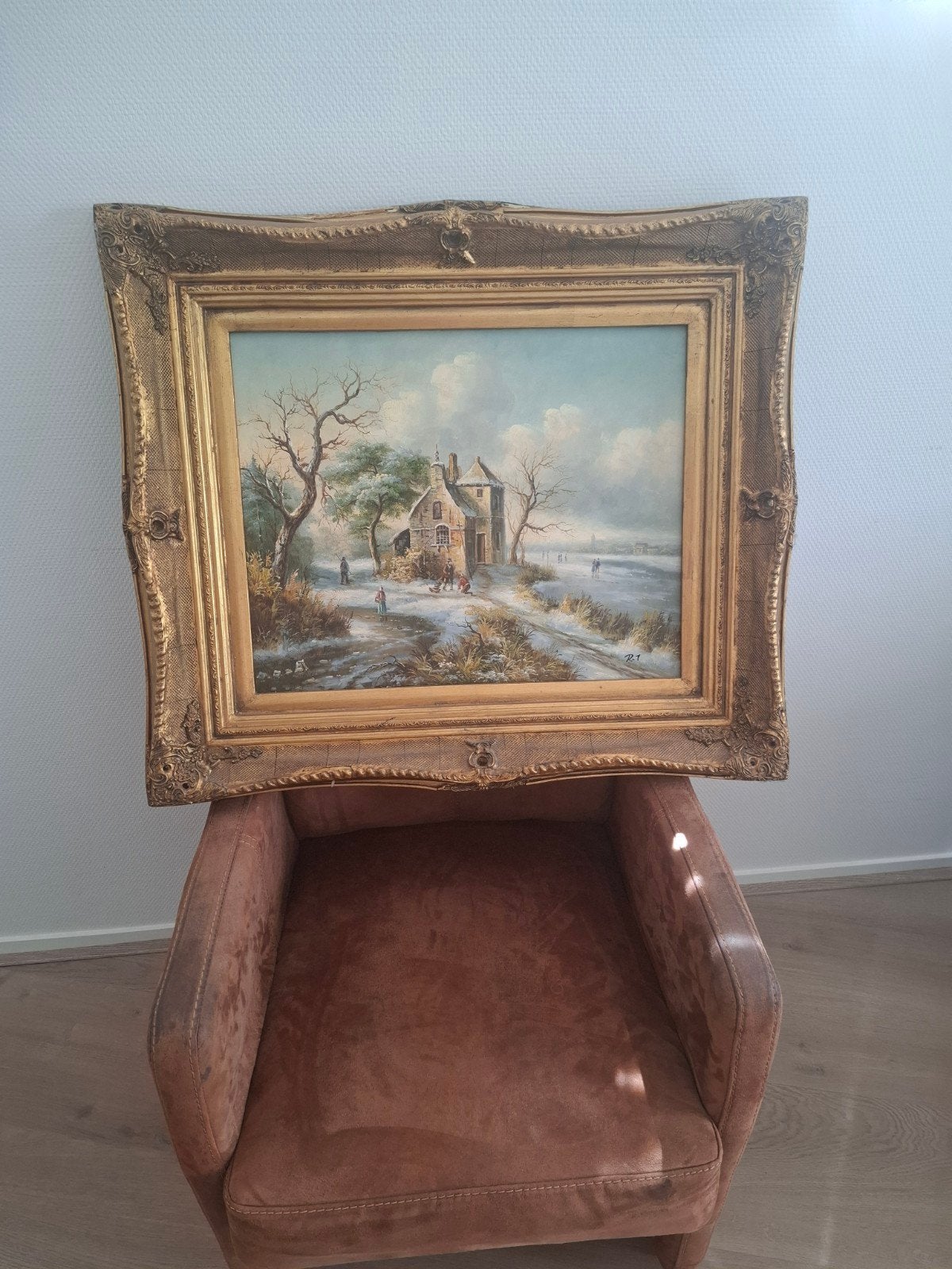 Schilderij Winterlandschap met figuren en huis, Ophalen