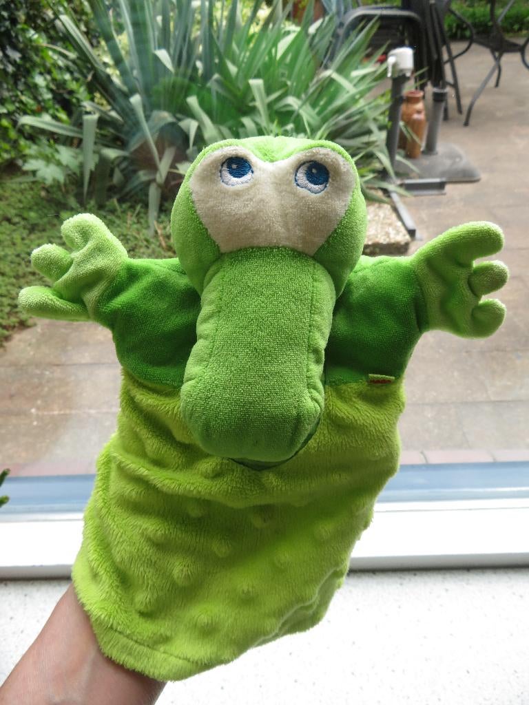 Handpop Krokodil merk HABA zacht velours meet ca 26 cm, Groen, Overige typen, Ophalen of Verzenden, Zo goed als nieuw