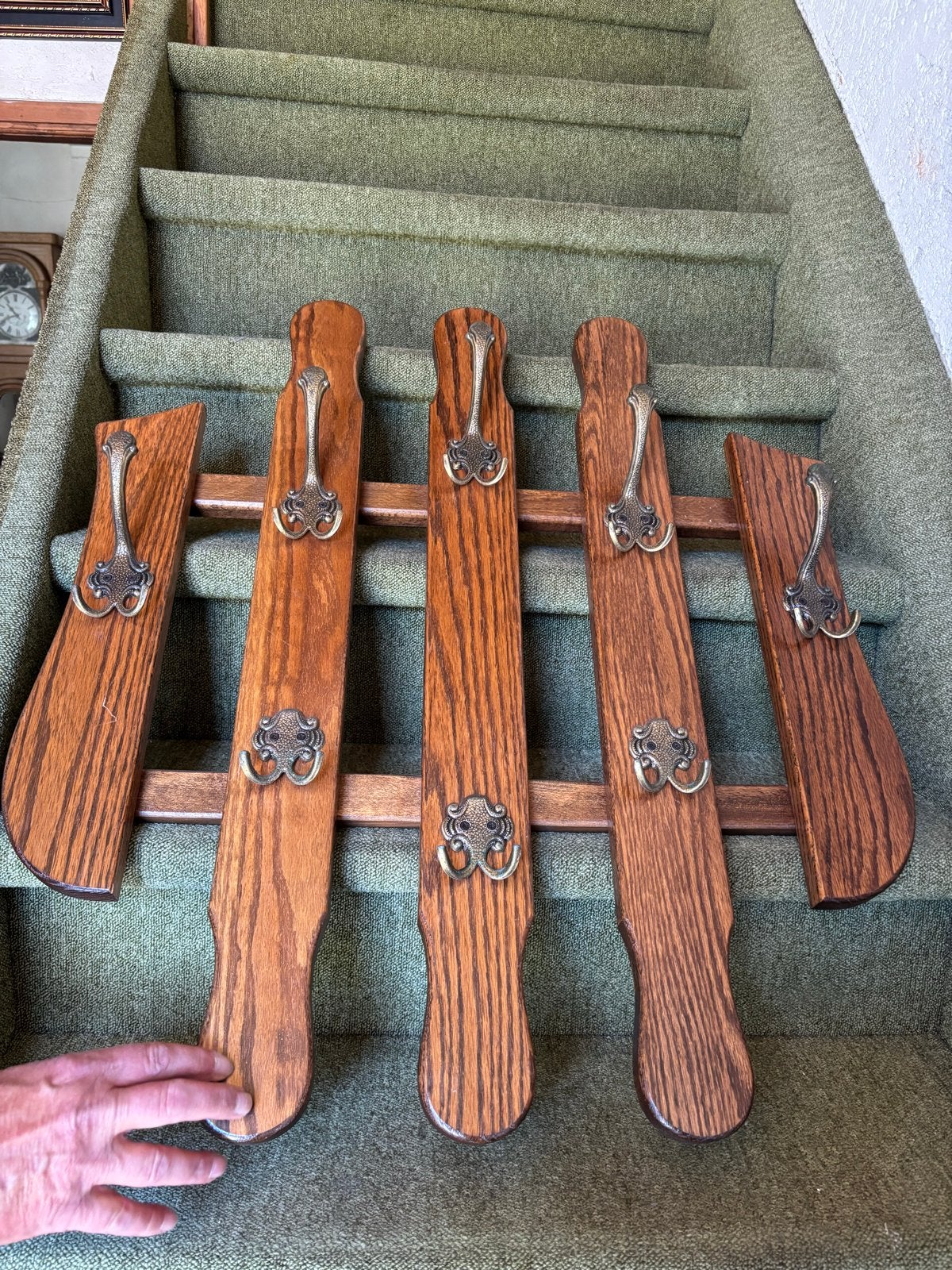 Vintage houten wandkapstok met metalen haken, Gebruikt, Minder dan 100 cm, Hout, Ophalen