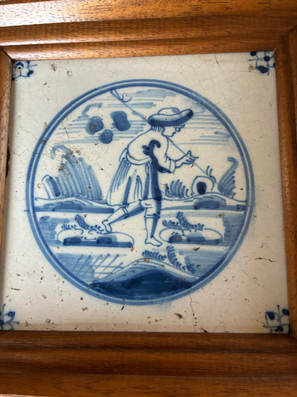 Set van 3 antieke Delfts blauwe tegels in lijst, Ophalen