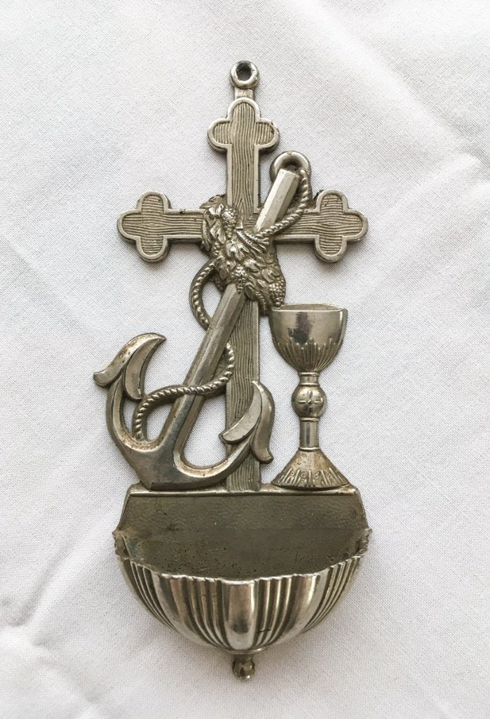 Religieus antiek Frans-katholiek verzilverde wijwatervat, Antiek en Kunst, Ophalen of Verzenden
