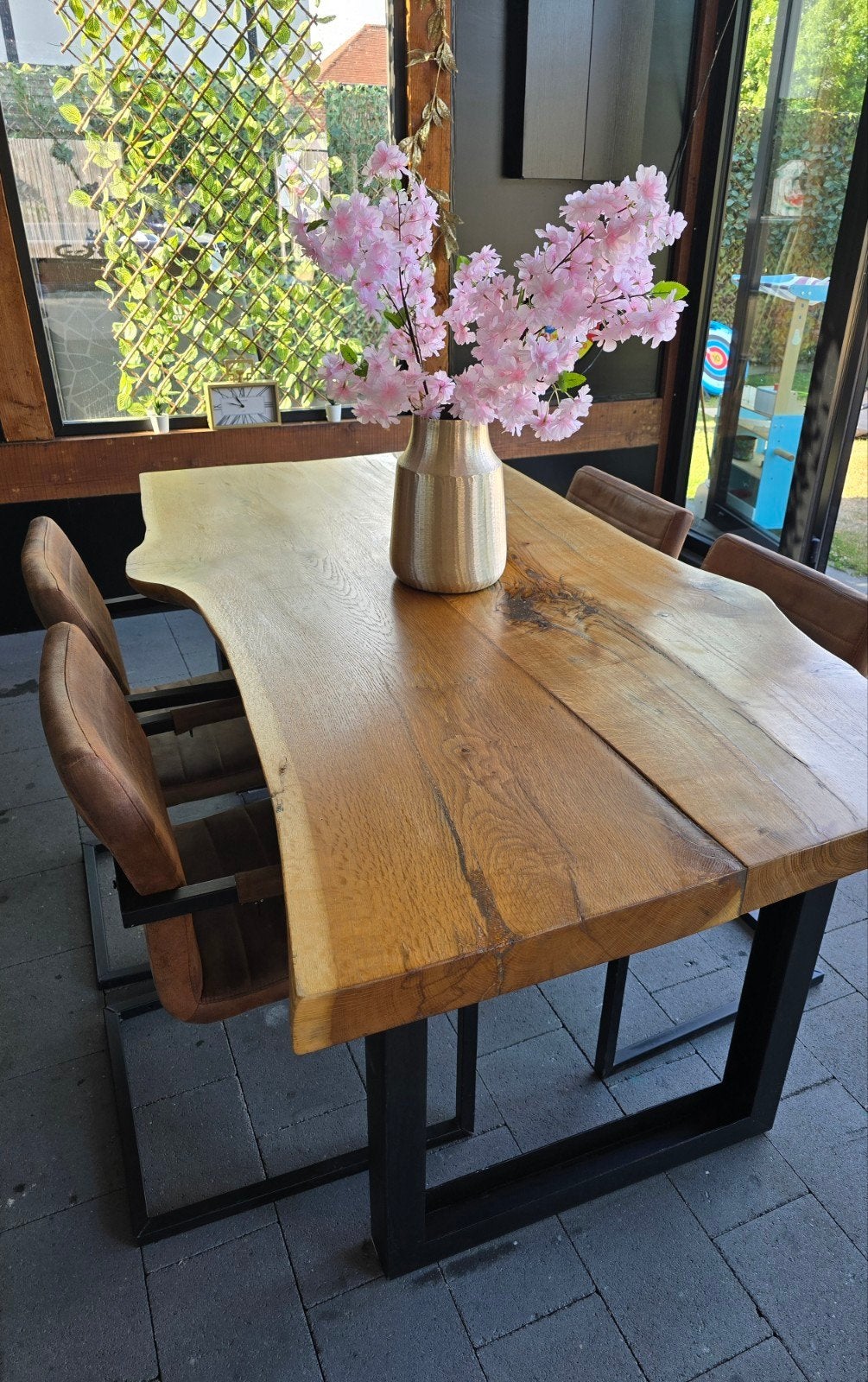 Boomstamtafel + 4 stoelen gratis, Ophalen, Gebruikt, 50 tot 100 cm, 150 tot 200 cm