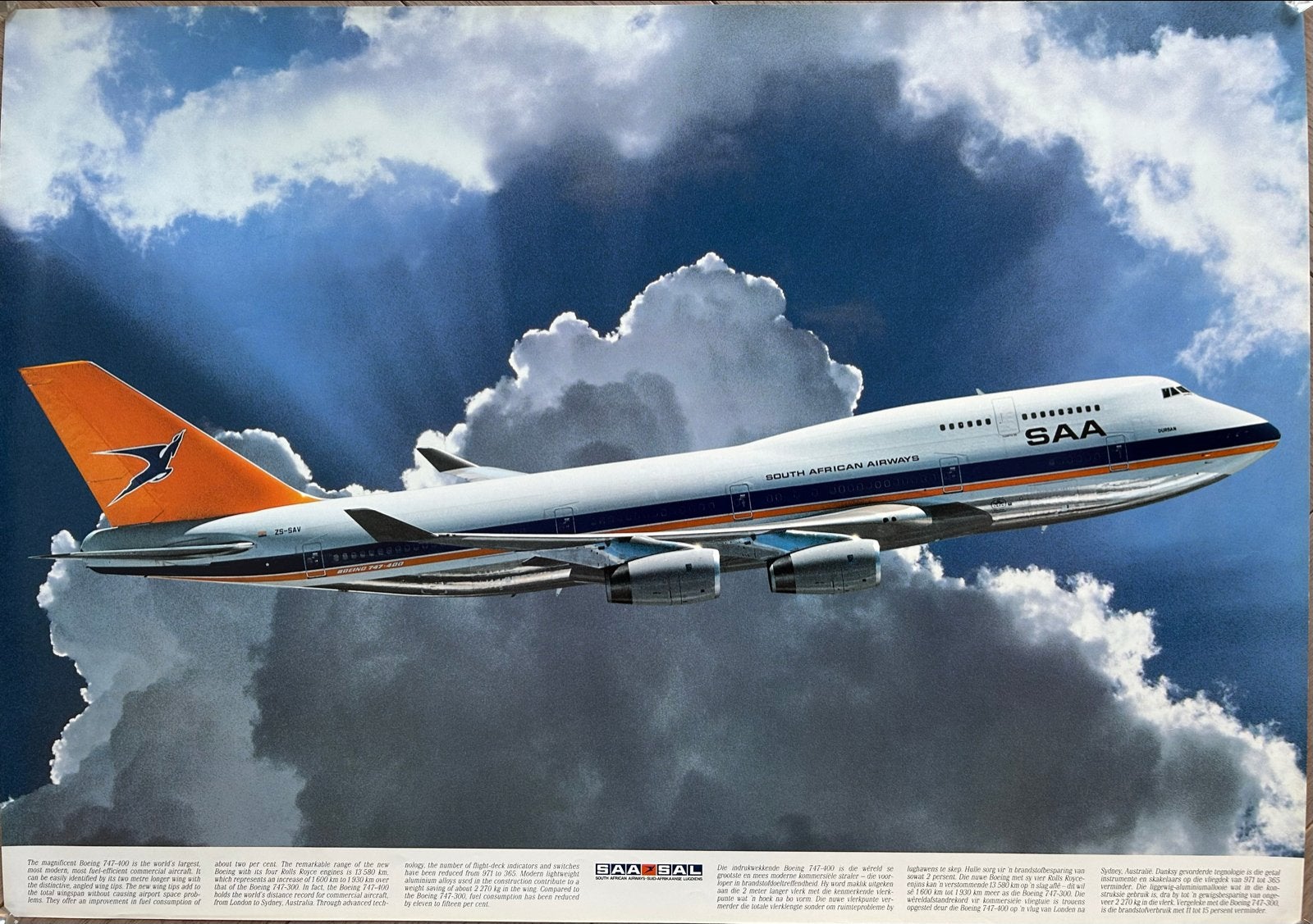 Vintage South African Airways Boeing 747-400 Poster, Gebruikt, Rechthoekig Liggend, Ophalen of Verzenden, A1 t/m A3