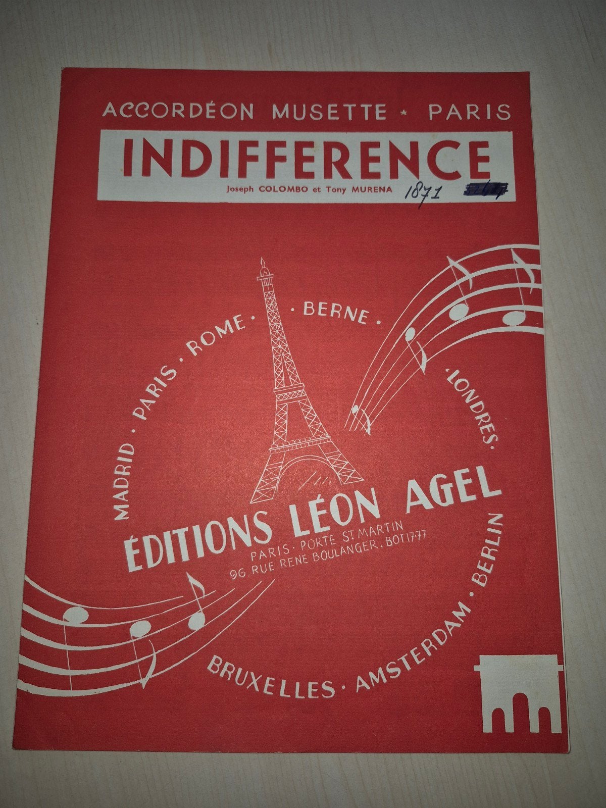 Indifférence - Accordeon Musette bladmuziek (1871), Gebruikt, Wereldmuziek, Piano, Ophalen of Verzenden