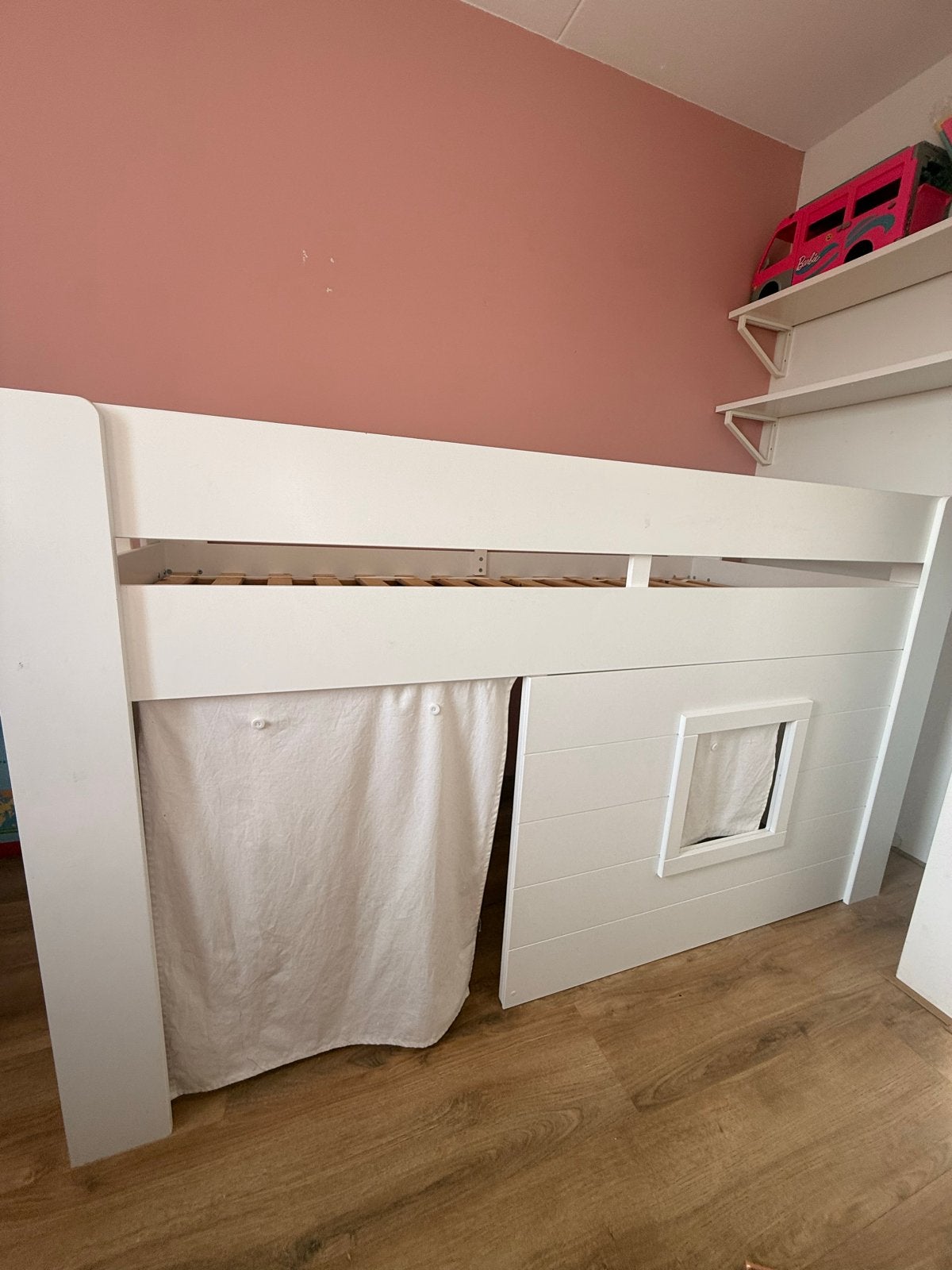 Witte halfhoogslaper met afneembaar deur- en raamdoek, Ophalen, 85 tot 100 cm, Gebruikt, Hoogslaper of Stapelbed