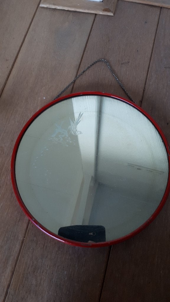 mooie rode ronde ijzeren spiegel met vogel op takje in glas, Ophalen, Rond, Minder dan 50 cm