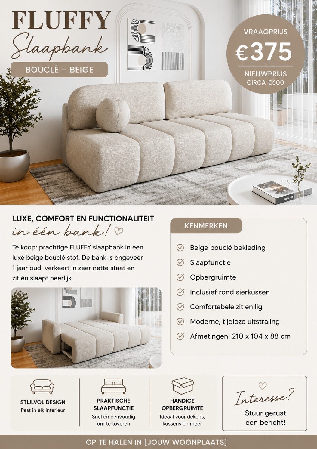 FLUFFY Slaapbank Bouclé - Beige met slaapfunctie, Ophalen