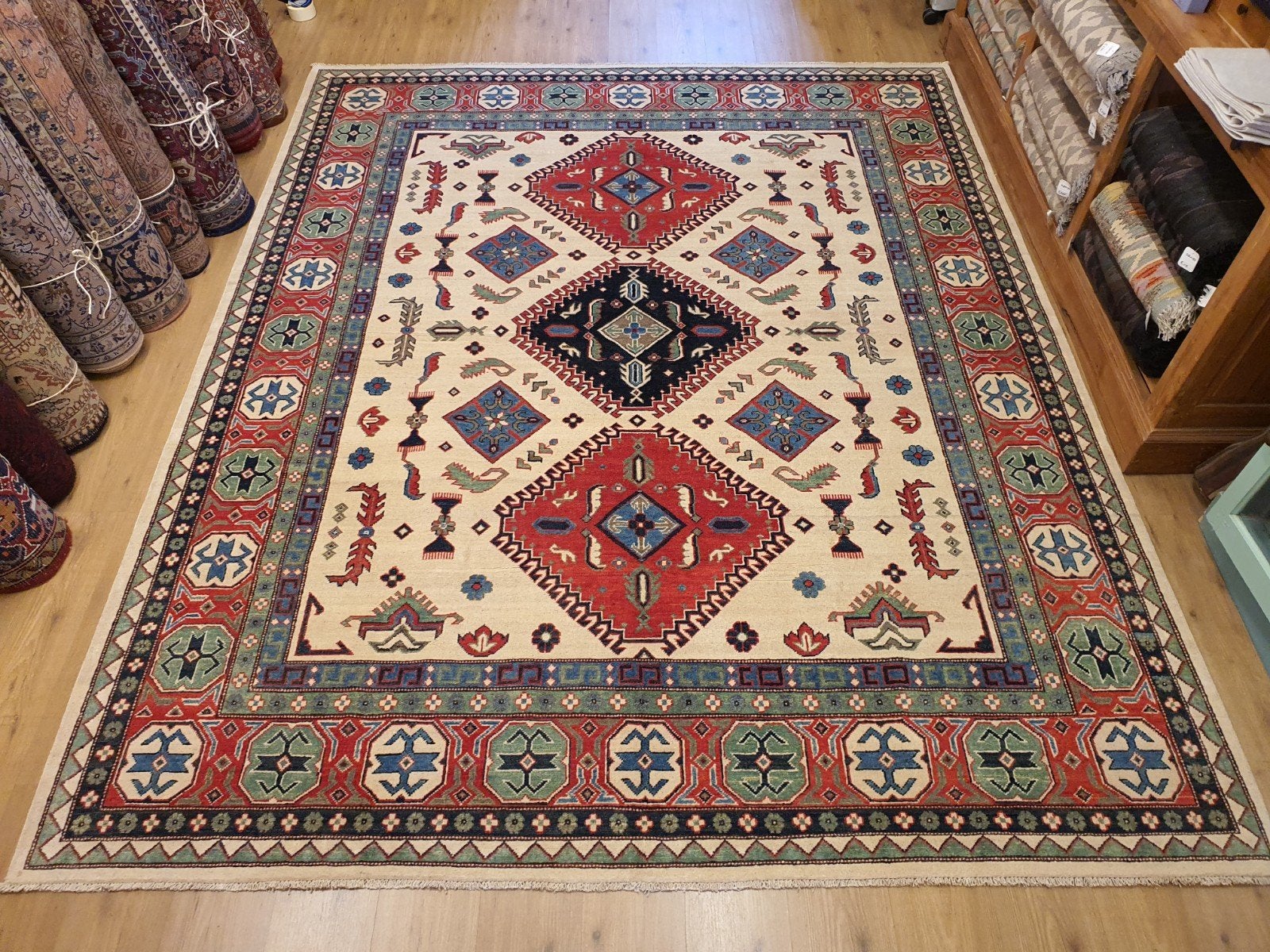 Handgeknoopt oosters tapijt kazak 302x246, Huis en Inrichting, Stoffering | Tapijten en Kleden, Perzisch, Vof Slats Antiek, 200 cm of meer