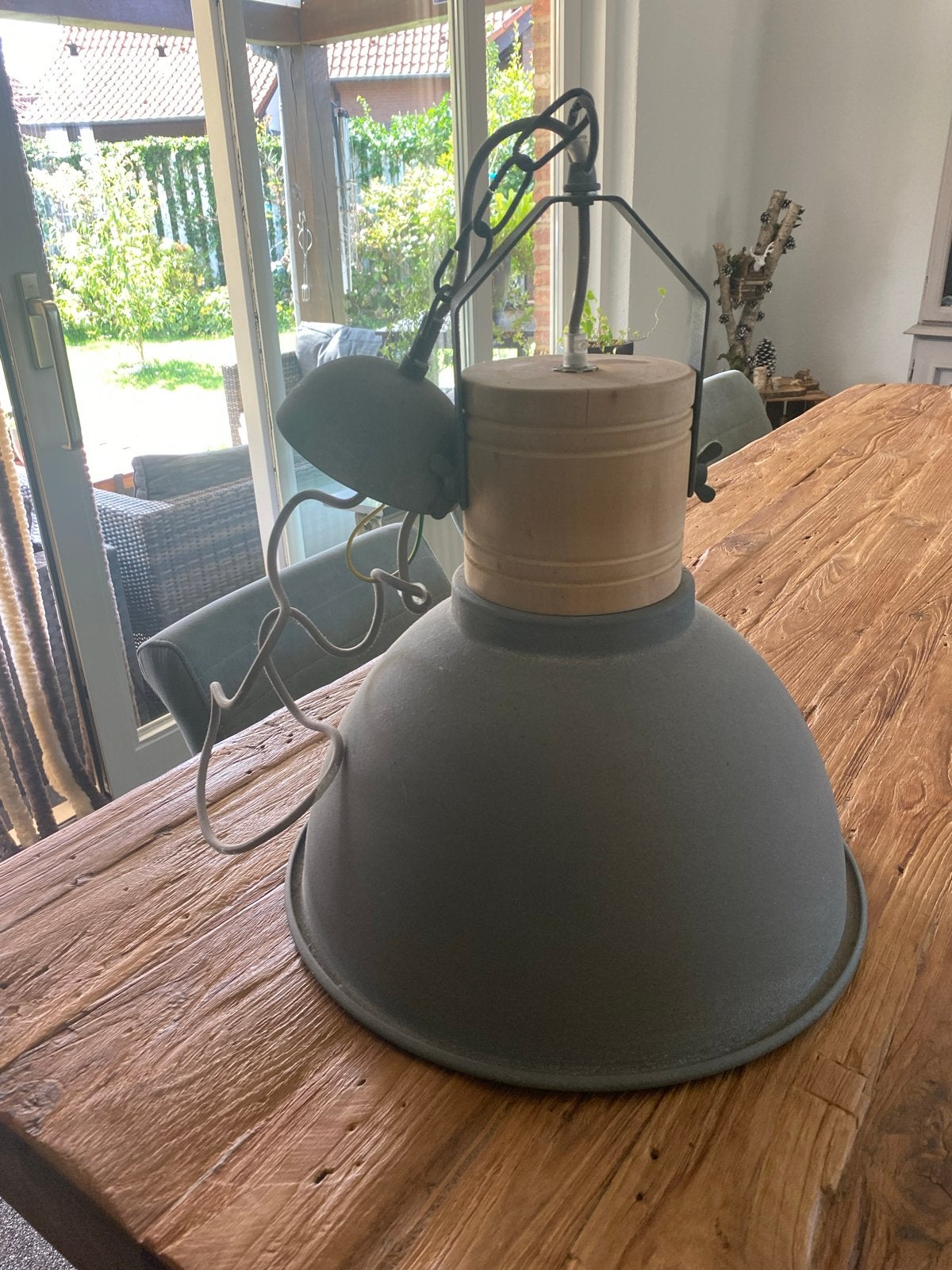 Industriële hanglamp grijs met houten accent, Ophalen, Gebruikt, Metaal, E27 (groot)