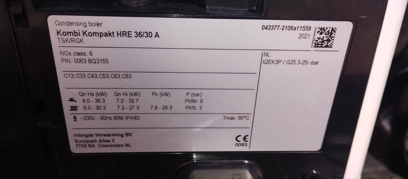 Intergas HRE 36/30 A 28.10.2022 geplaatst-bon aanwezig🚿CW5, Ophalen, 30 tot 80 cm, Cv-ketel of Combi-ketel, Minder dan 60 cm
