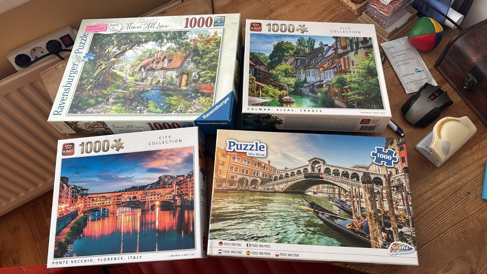Vier 1000-stukjes puzzels: Ravensburger, King, Grafix, Een of twee spelers, Ophalen of Verzenden, Gebruikt, Ravensburger, King, Grafix