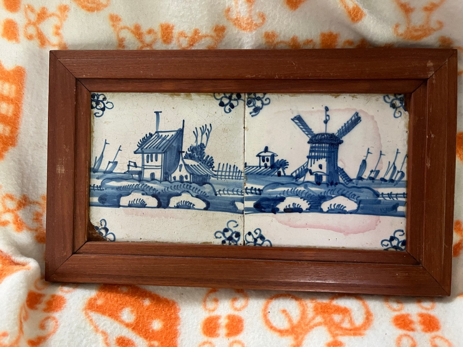 2 Delfts blauwe tegeltableau met molen en huisjes, Ophalen of Verzenden