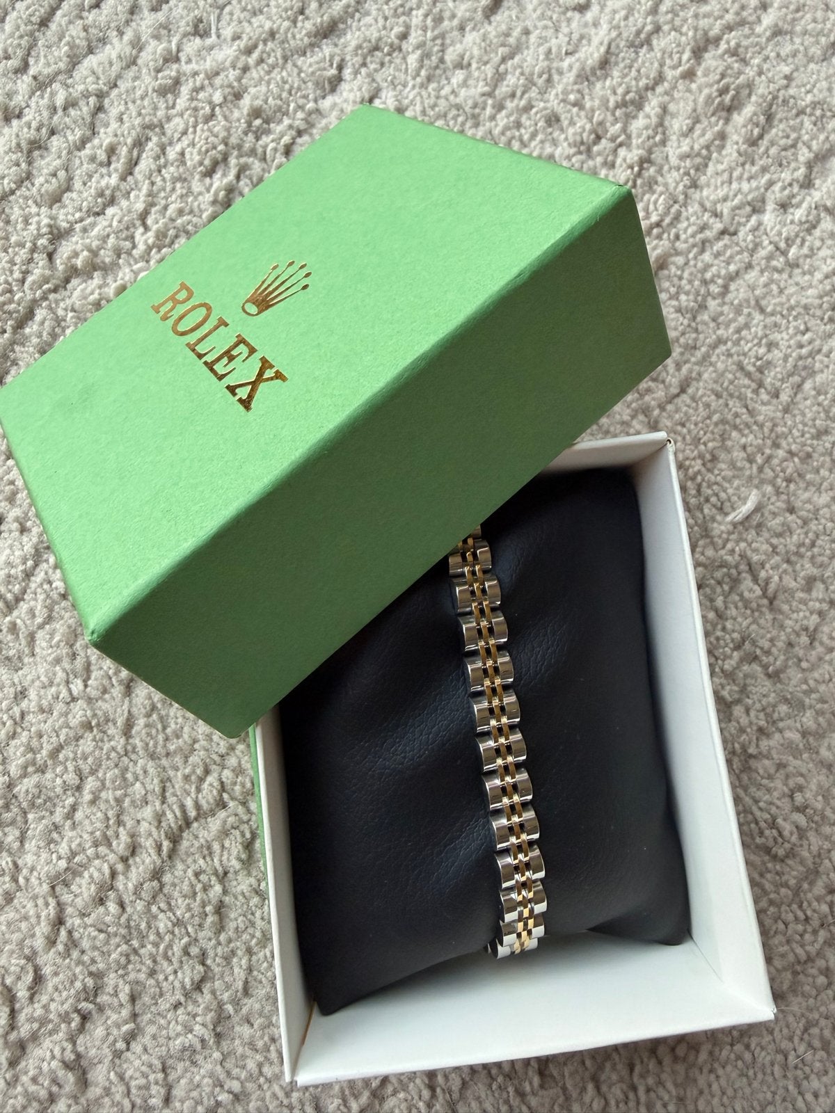 Rolex-stijl armband unisex met doosje, Sieraden, Tassen en Uiterlijk, Ophalen of Verzenden, Nieuw, Goud, Staal