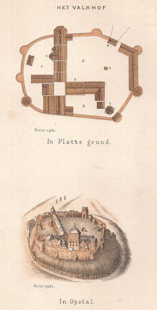 Nijmegen Het Valkhof In Platte Grond en In Opstal Litho 1854, 25 cm, Architectuur, Origineel, Lithografie