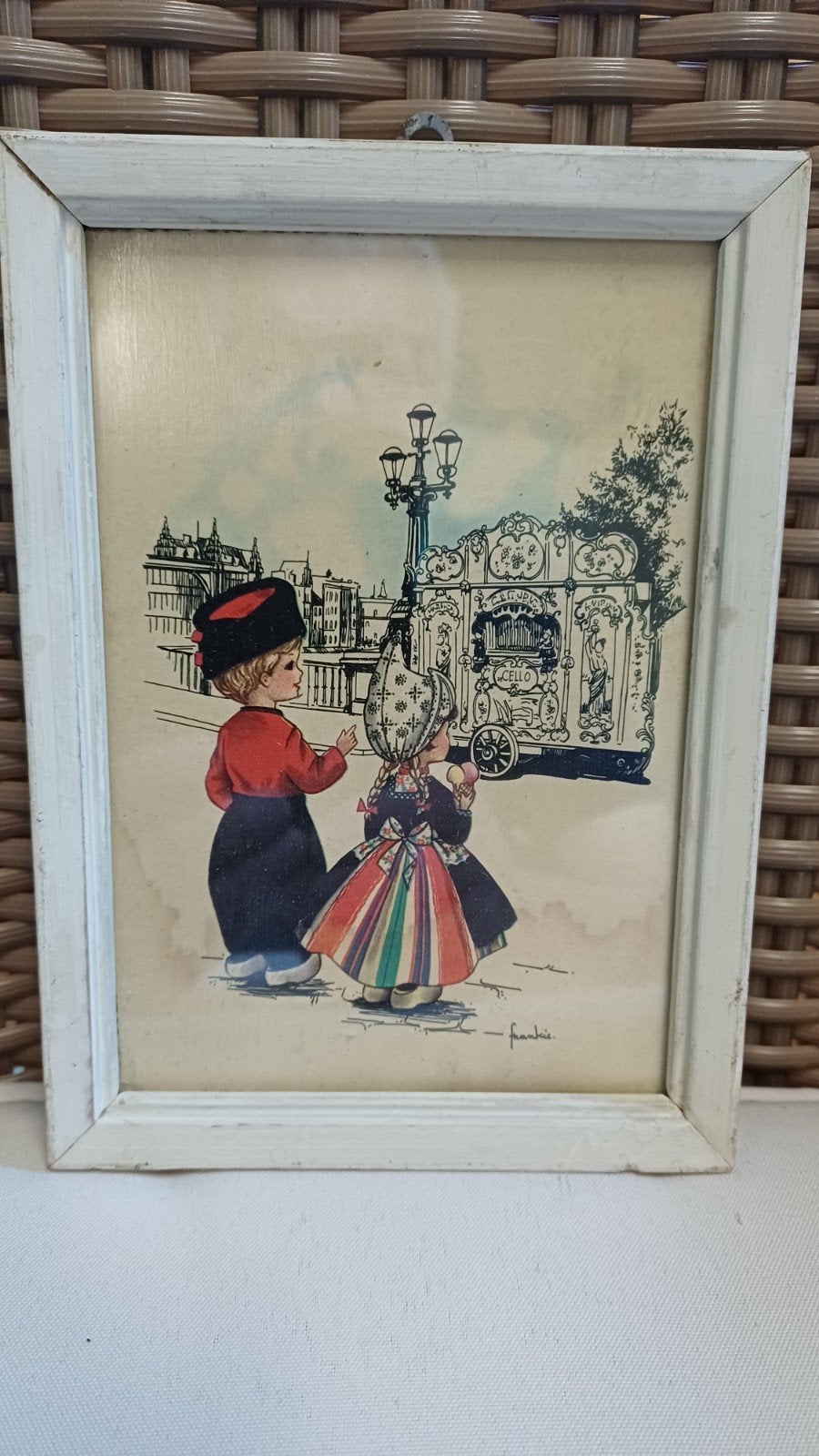 Vintage kinderprent: Hollandse klederdracht en draaiorgel, Ophalen of Verzenden