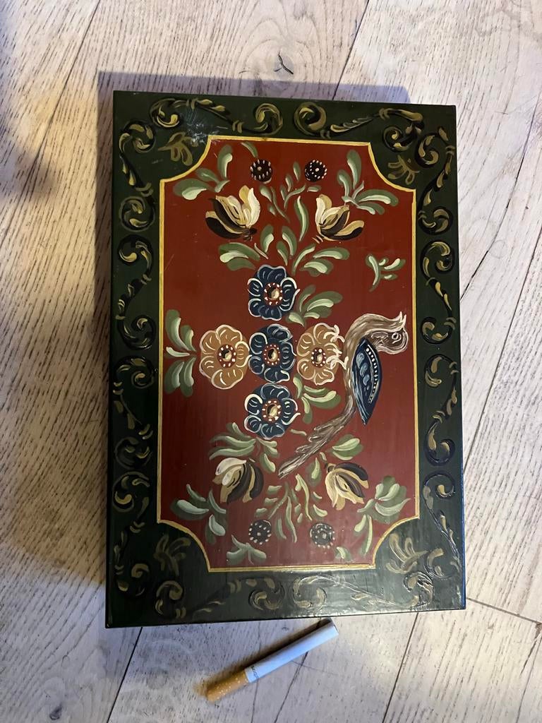 handgeschilderde houten doos met vogel en bloemen, Ophalen of Verzenden
