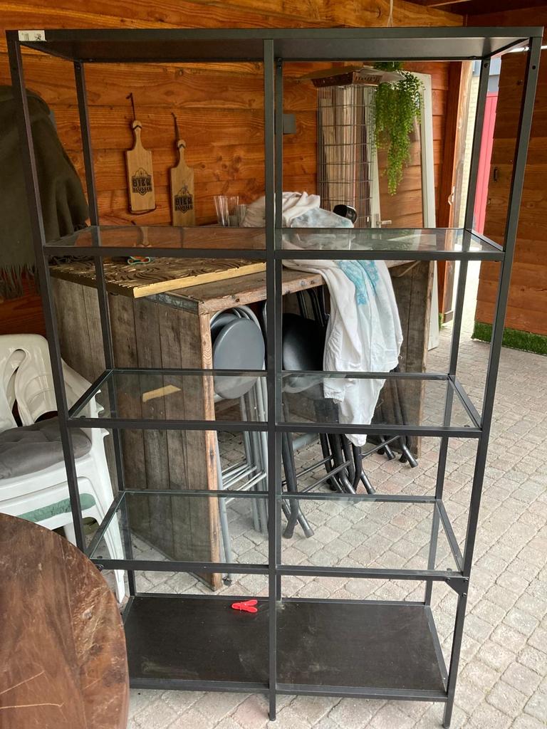 Industriële stellingkast met glazen planken, Huis en Inrichting, Ophalen, Met plank(en), Gebruikt, 50 tot 100 cm