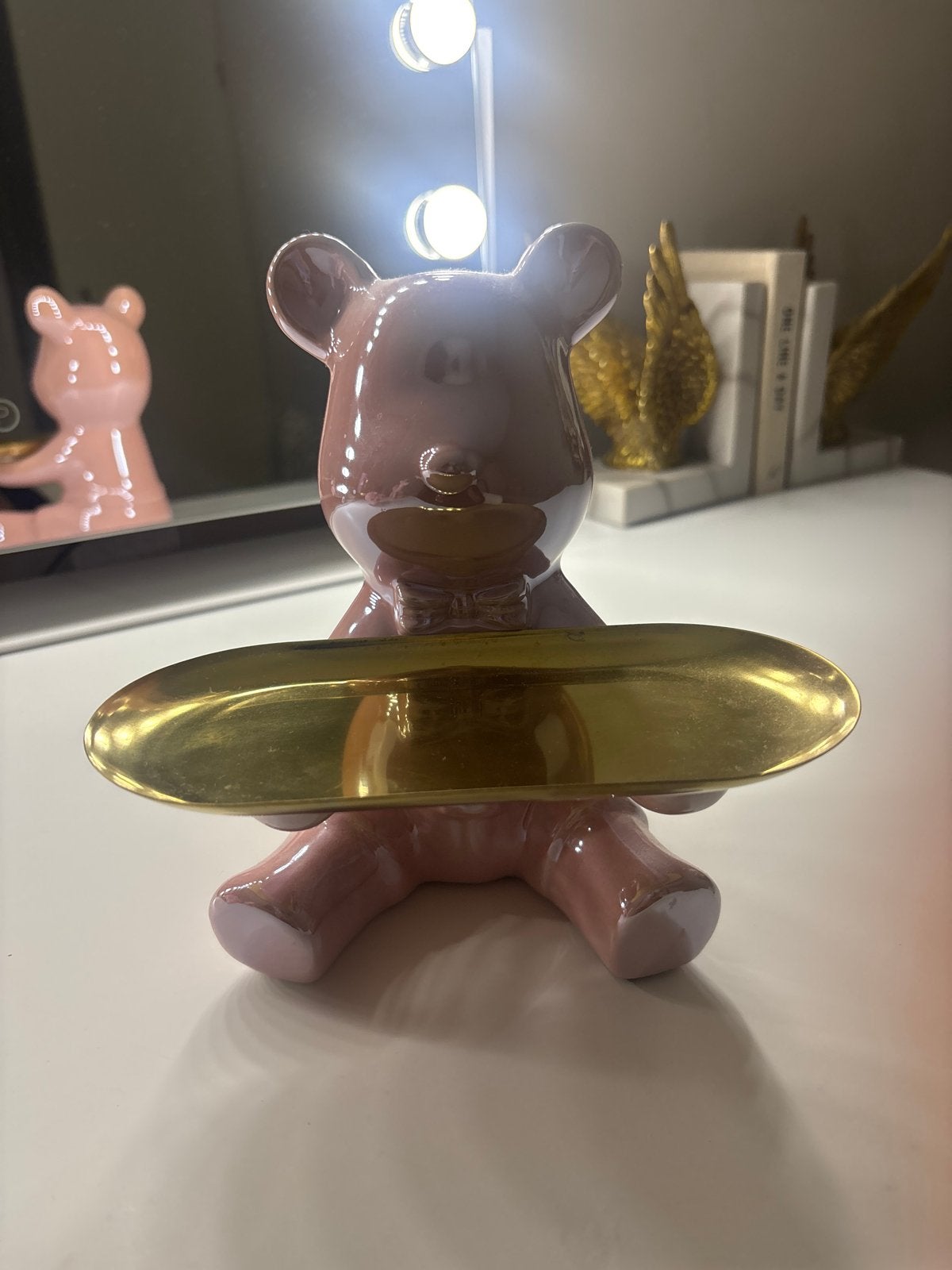 Roze Bearbrick beeld met gouden dienblad, Ophalen of Verzenden, Zo goed als nieuw, Roze, Modern