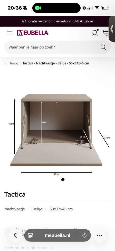Nachtkastje Tactica Beige 50x37x46 cm, Nieuw, Ophalen of Verzenden, 45 tot 65 cm, Minder dan 55 cm