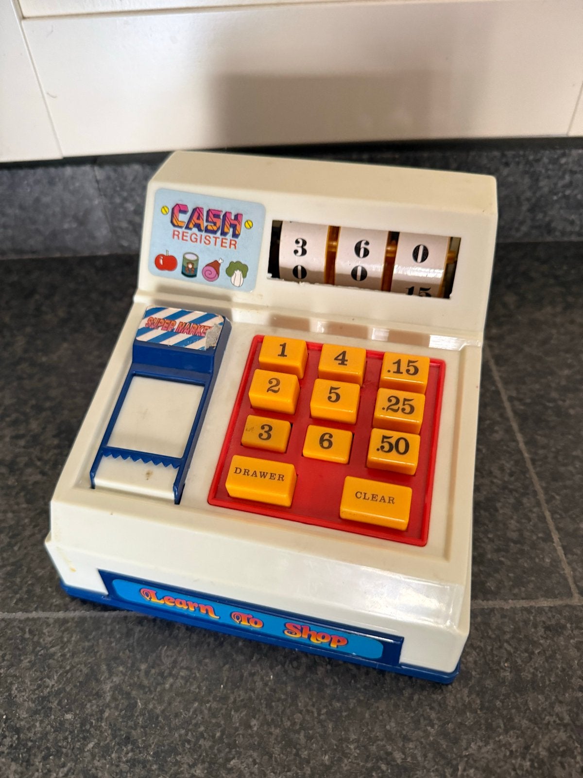 Vintage speelgoed kassa 'Learn to Shop' - Retro speelgoed, Ophalen of Verzenden, Gebruikt, Jongen of Meisje