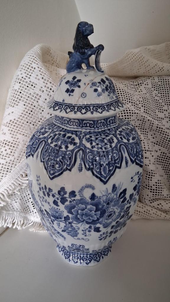 Antieke Delfts Blauwe Gemberpot met Leeuw Deksel, Antiek en Kunst, Ophalen of Verzenden