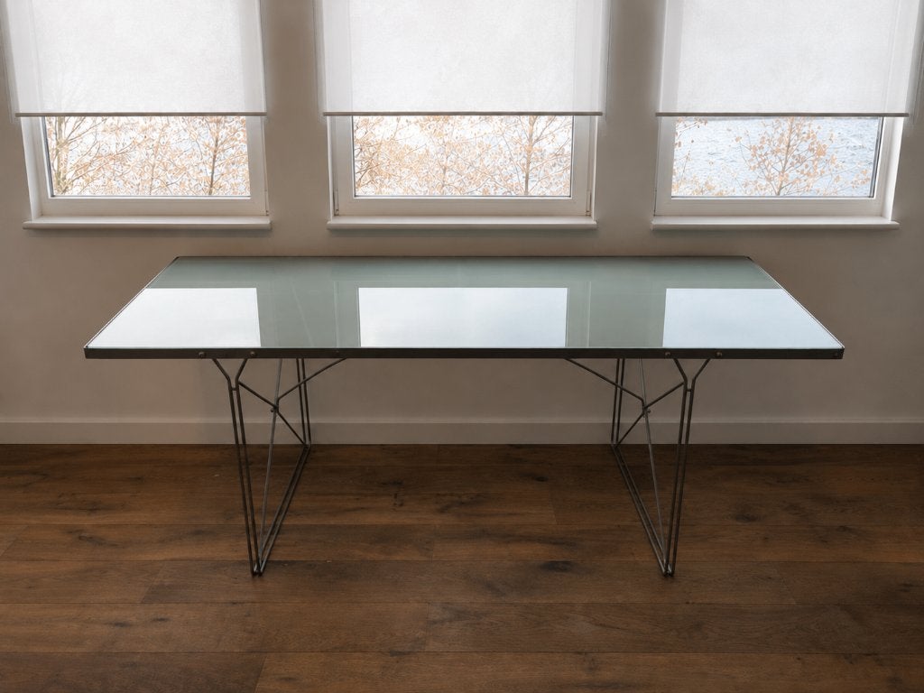 Vintage mat glas met stalen onderstel eettafel of bureau, Huis en Inrichting, Tafels | Eettafels, Ophalen, Gebruikt, 50 tot 100 cm