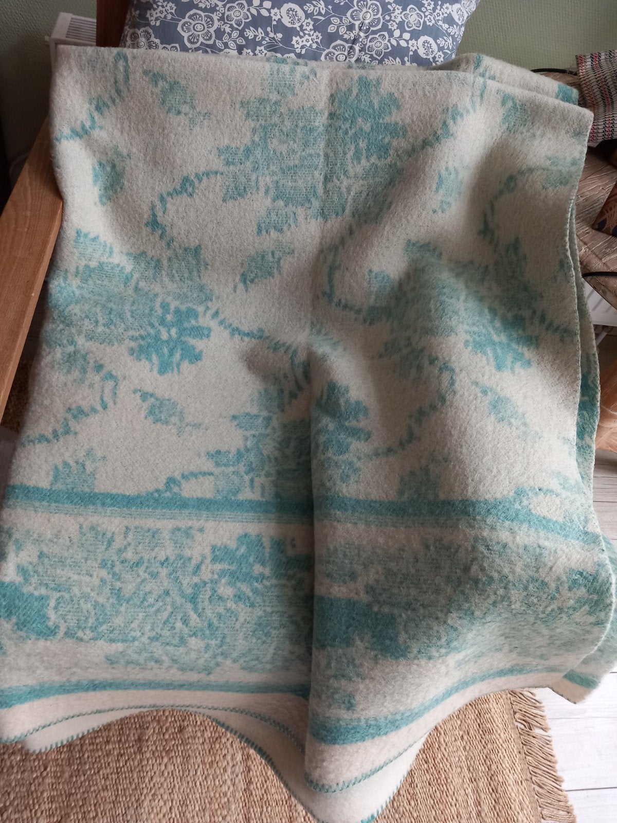 Vintage 100% wollen deken, Gebruikt, Blauw, 150 tot 200 cm, 200 cm of meer