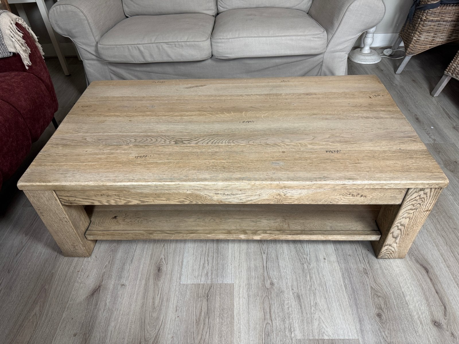 Massieve houten salontafel, rechthoekig 70x130 cm, Ophalen, Gebruikt, 100 tot 150 cm, 50 tot 100 cm