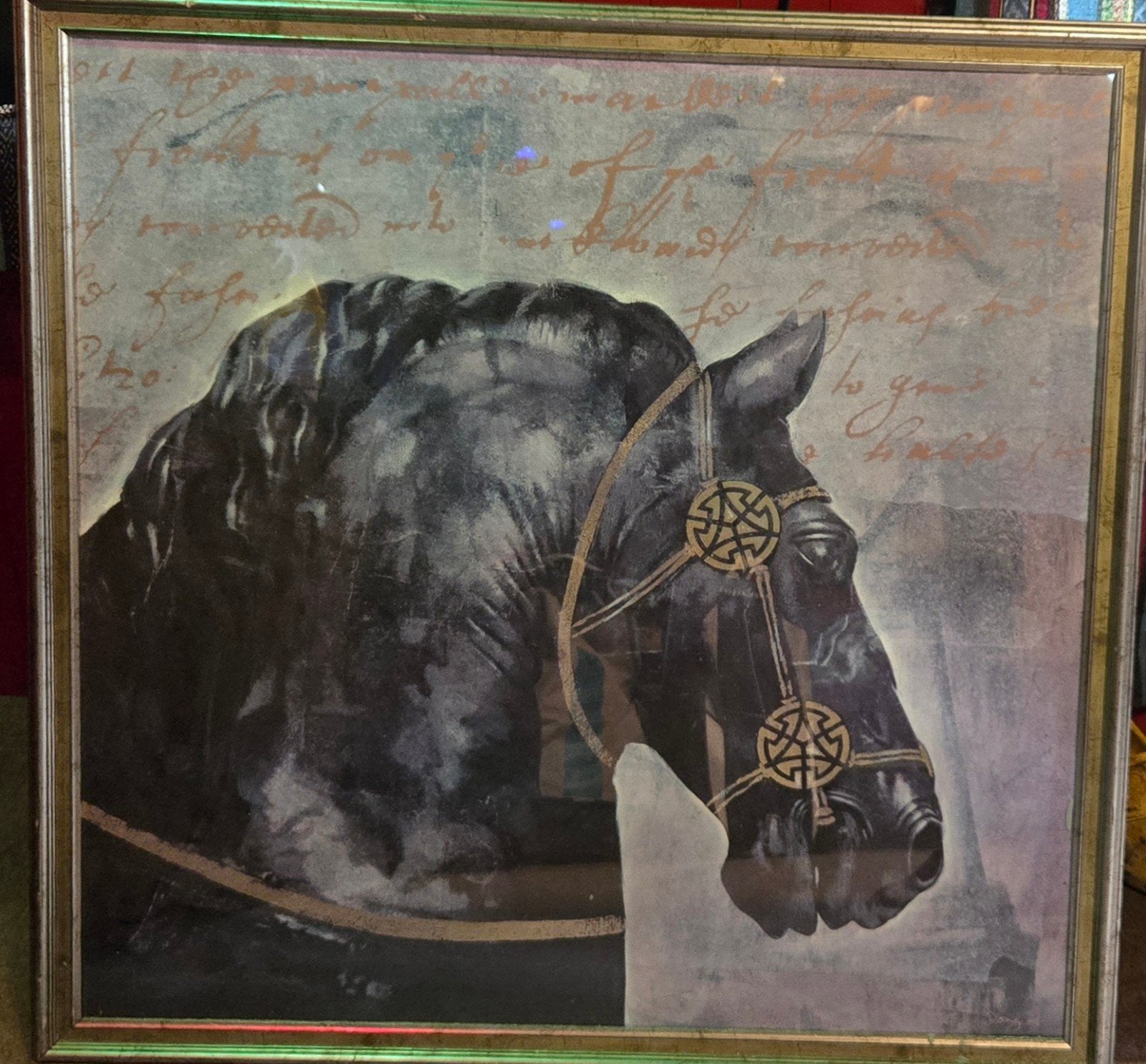 Schilderij Zwart Paard met Gouden Lijst, Ophalen, Doek, Realistisch, Origineel werk