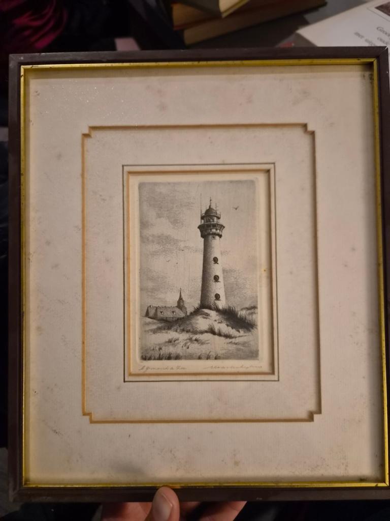Antieke ets van vuurtoren, ingelijst, Ets, Ophalen of Verzenden, Landschap, Ingelijst