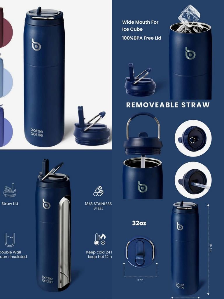Bottle bottle rvs drinkfles indigo blauw thermobeker rietje, Ophalen of Verzenden, Nieuw