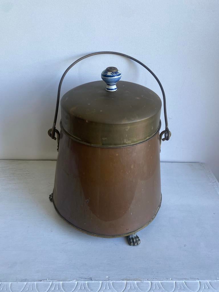 Antieke Koperen Kolenemmer met Porseleinen Knop, Ophalen of Verzenden, Koper