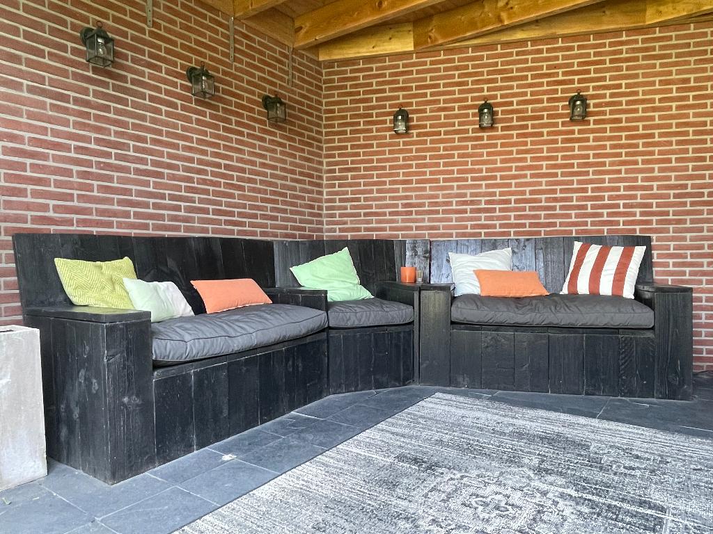Grote steigerhout hoekbank incl. zitkussens, Ophalen, Gebruikt, Hout