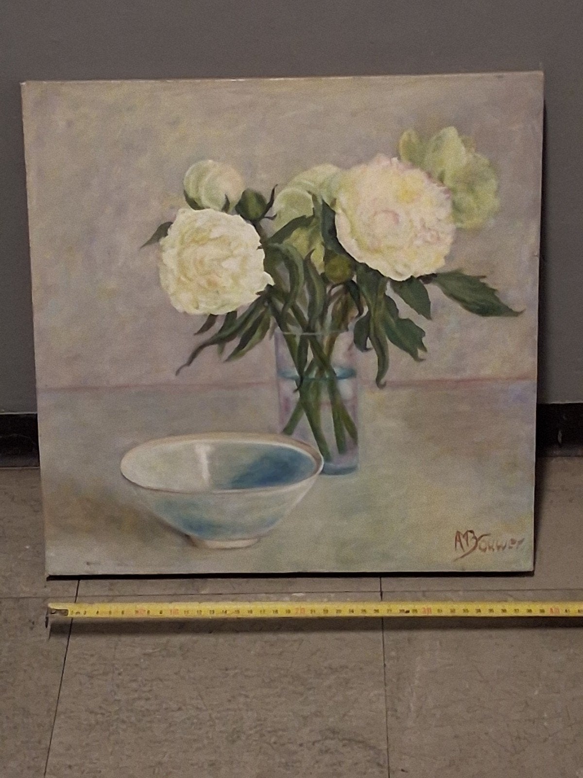 Romantische stilleven, bloemen, geschilderd, 40 cm, Bloemen, Doek, Ophalen of Verzenden, Olieverf