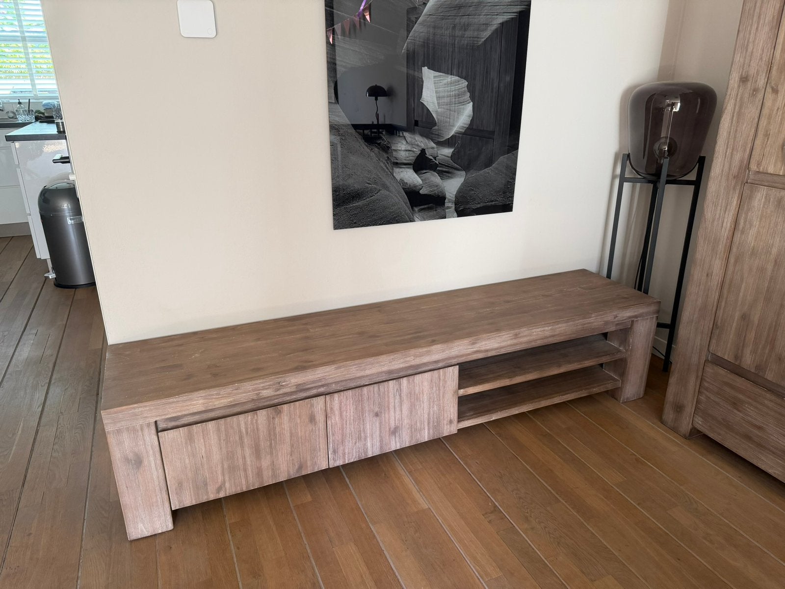 Tv meubel eiken - 205 cm breed, Ophalen, Eikenhout, Zo goed als nieuw, 200 cm of meer