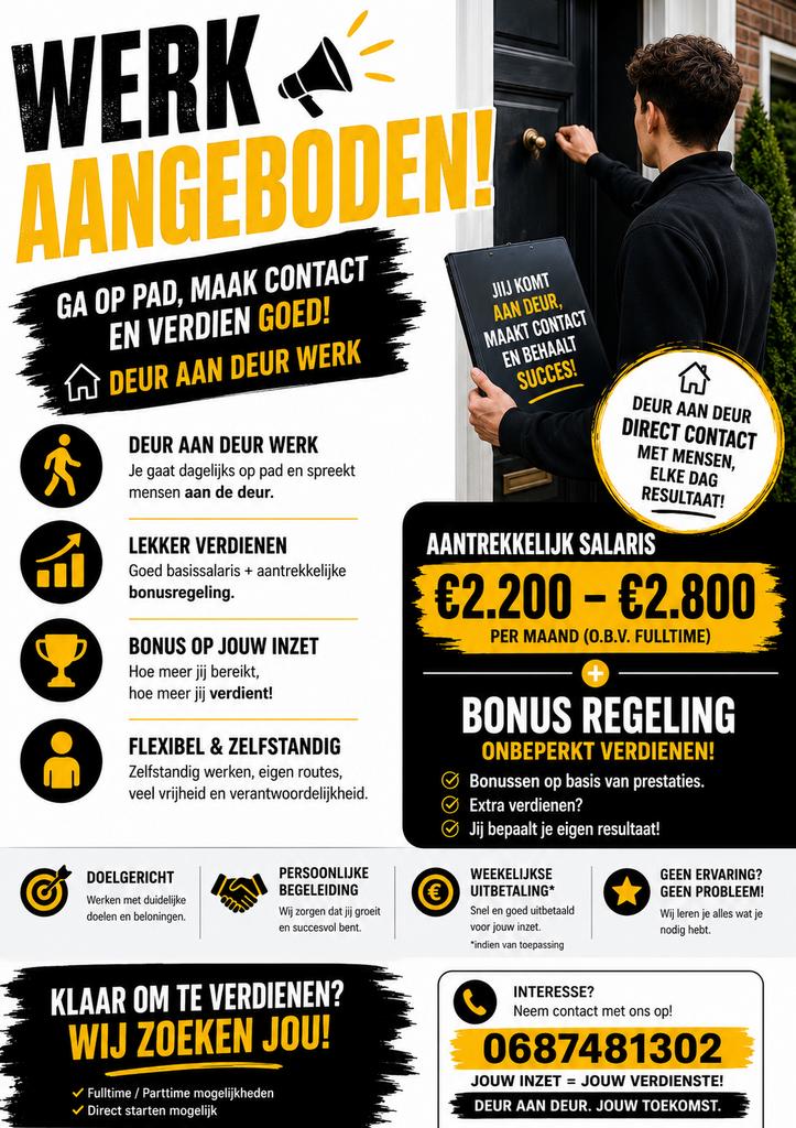 deur aan deur werk aangeboden Barendrecht, Vacatures, Vacatures | Verkoop en Commercie, Overige niveaus, Starter, Overige vormen