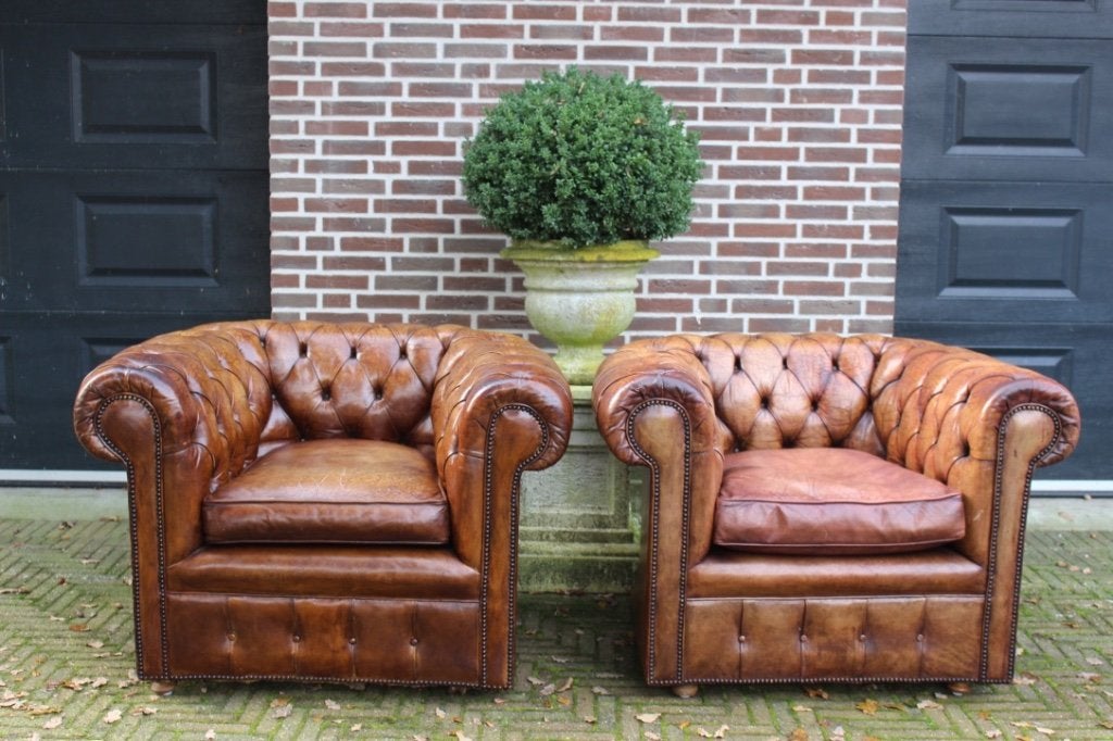 Dè origineel Engelse Chesterfield fauteuils, Ophalen, Gebruikt, Minder dan 75 cm, Leer