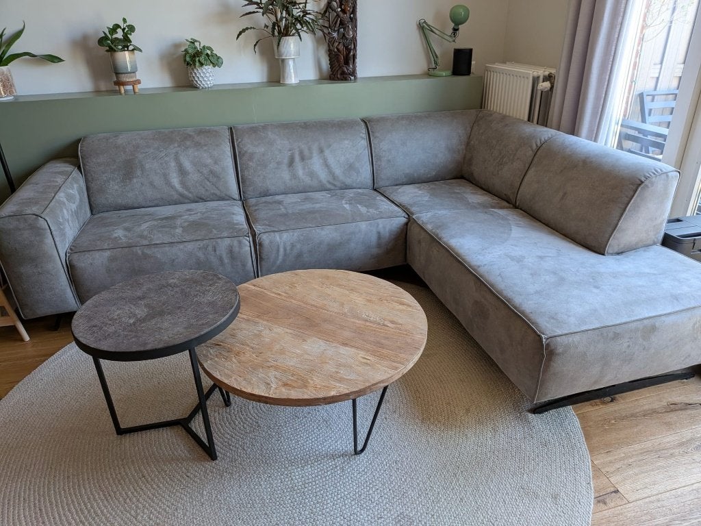 Hoekbank grijs microleer Max van Eliving in goede staat!, Huis en Inrichting, Banken | Bankstellen, Ophalen, 250 tot 300 cm, Gebruikt