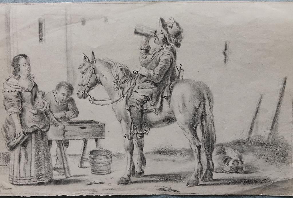 Tekening naar Karel Dujardin Drinking Trumpeteer, 18e eeuw, Antiek en Kunst, Verzenden