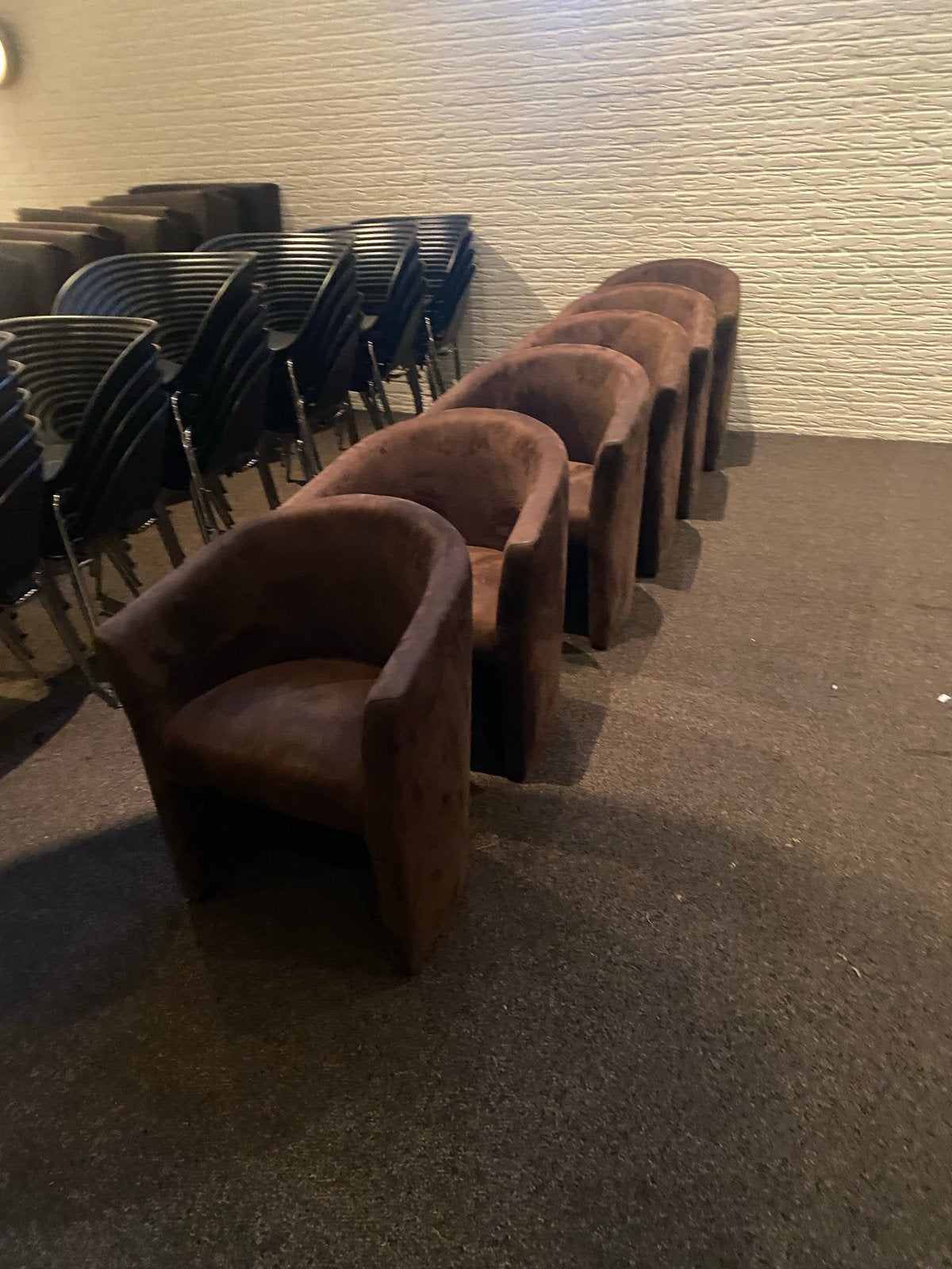 6 Comfortabele bruine kuipstoelen, Huis en Inrichting, Stoelen, Ophalen, Gebruikt, Bruin, Stof
