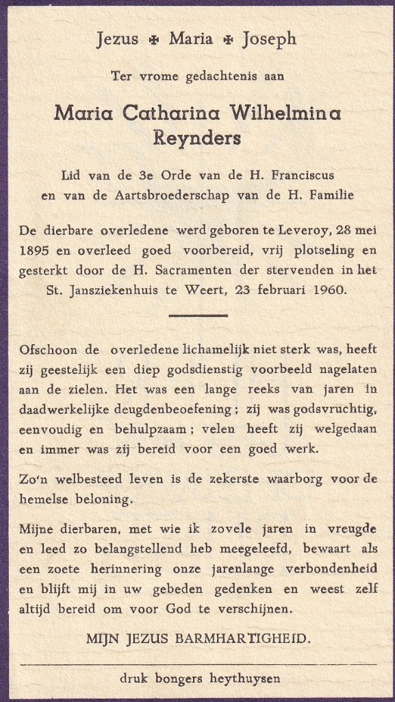 Reynders 1895 Leveroy 1960 Weert, Ophalen of Verzenden, Bidprentje